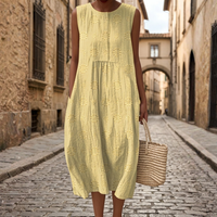 Abito midi da donna in cotone ricamato floreale | Elegante abito estivo senza maniche