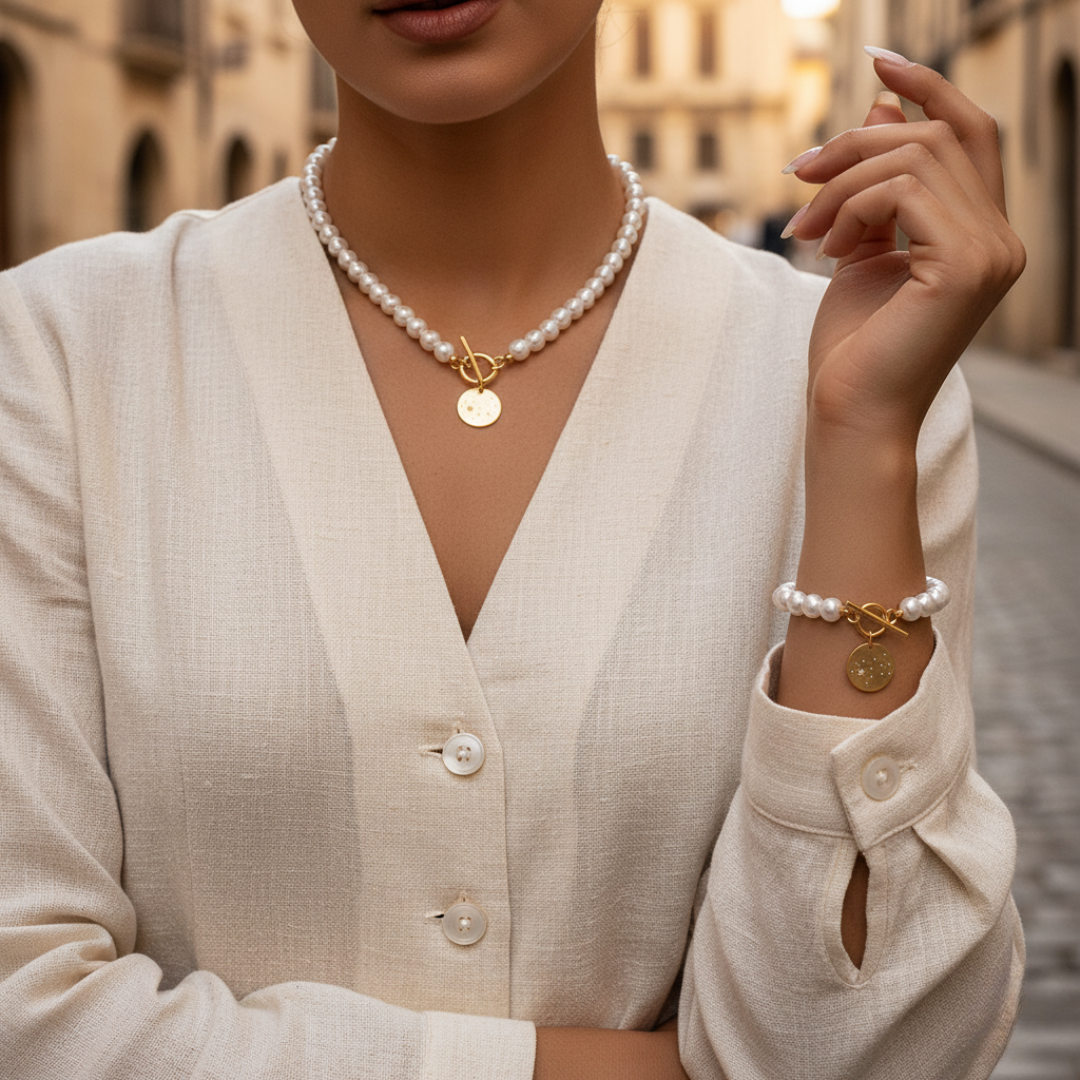 Women's Necklace and Bracelet Set with Artisan Pearls and Heart