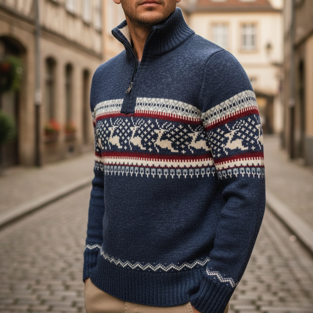 Men's Sweater with Zip and Christmas Pattern