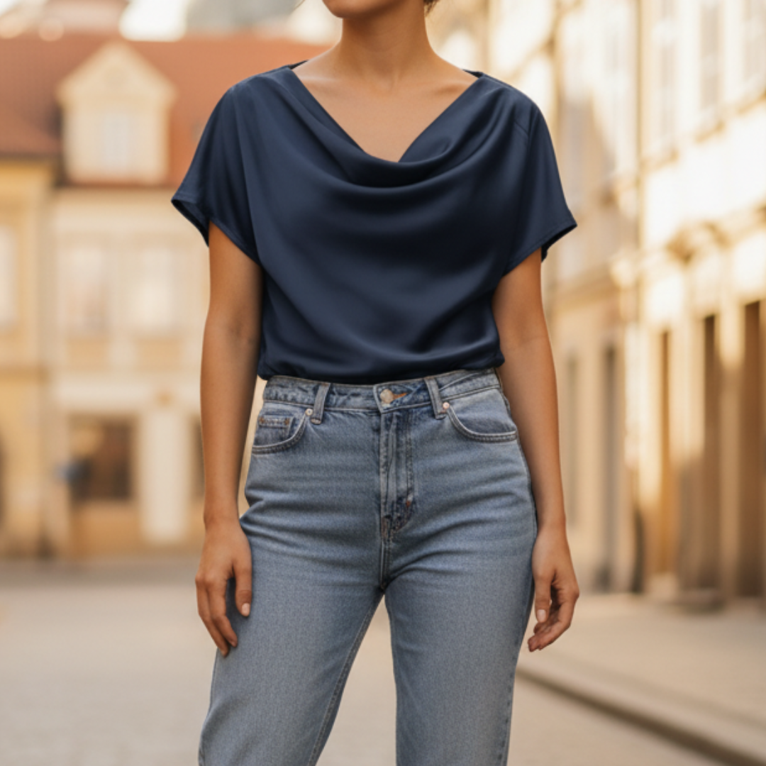 Women's Satin Blouse Short Sleeves Cowl Neck