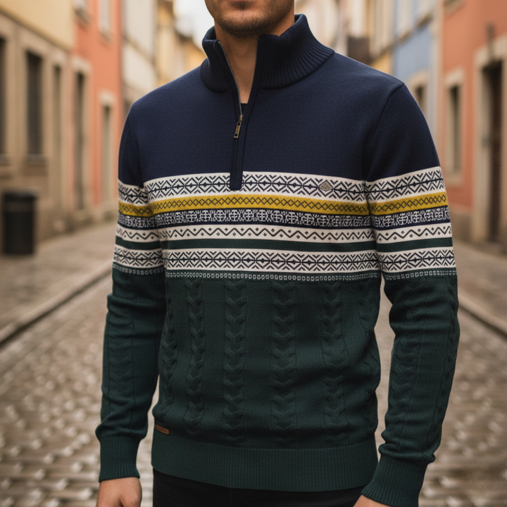 Men's Half Zip Sweater in Mixed Fabric Pattern