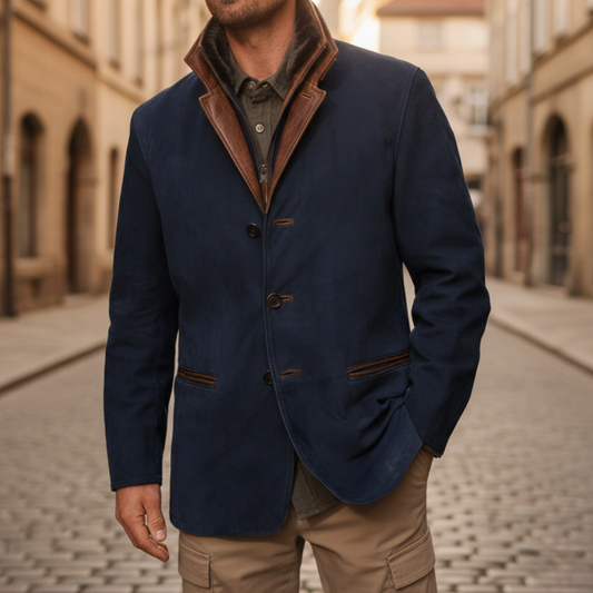 Men's Winter Jacket in Suede with Faux Leather Collar