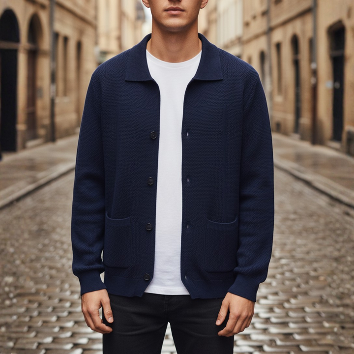 Men's Cardigan with Buttons and Collar in Yarn