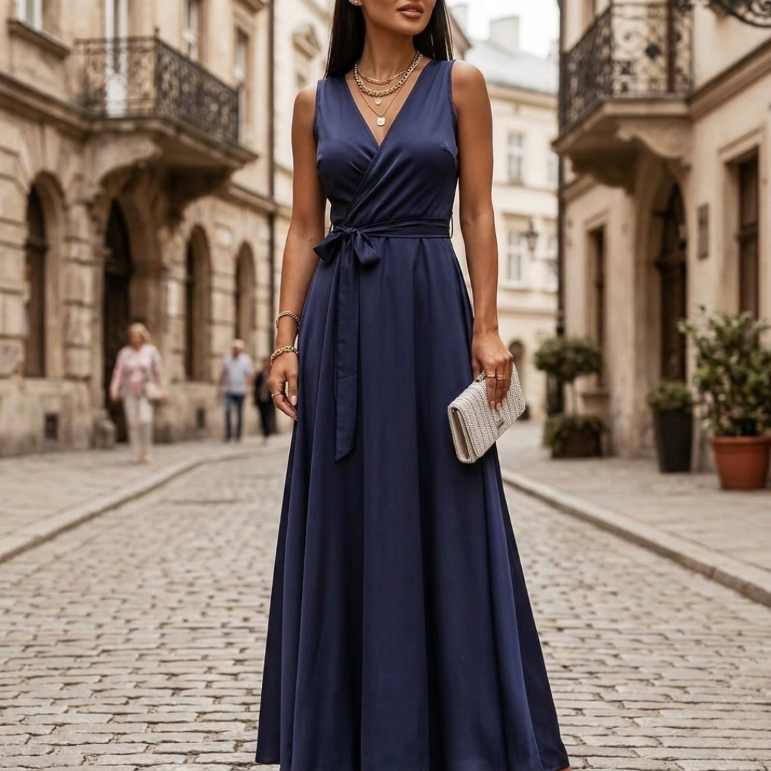 Women's Fluid Electric Blue Maxi Dress | Elegant V-Neck Evening Gown 8