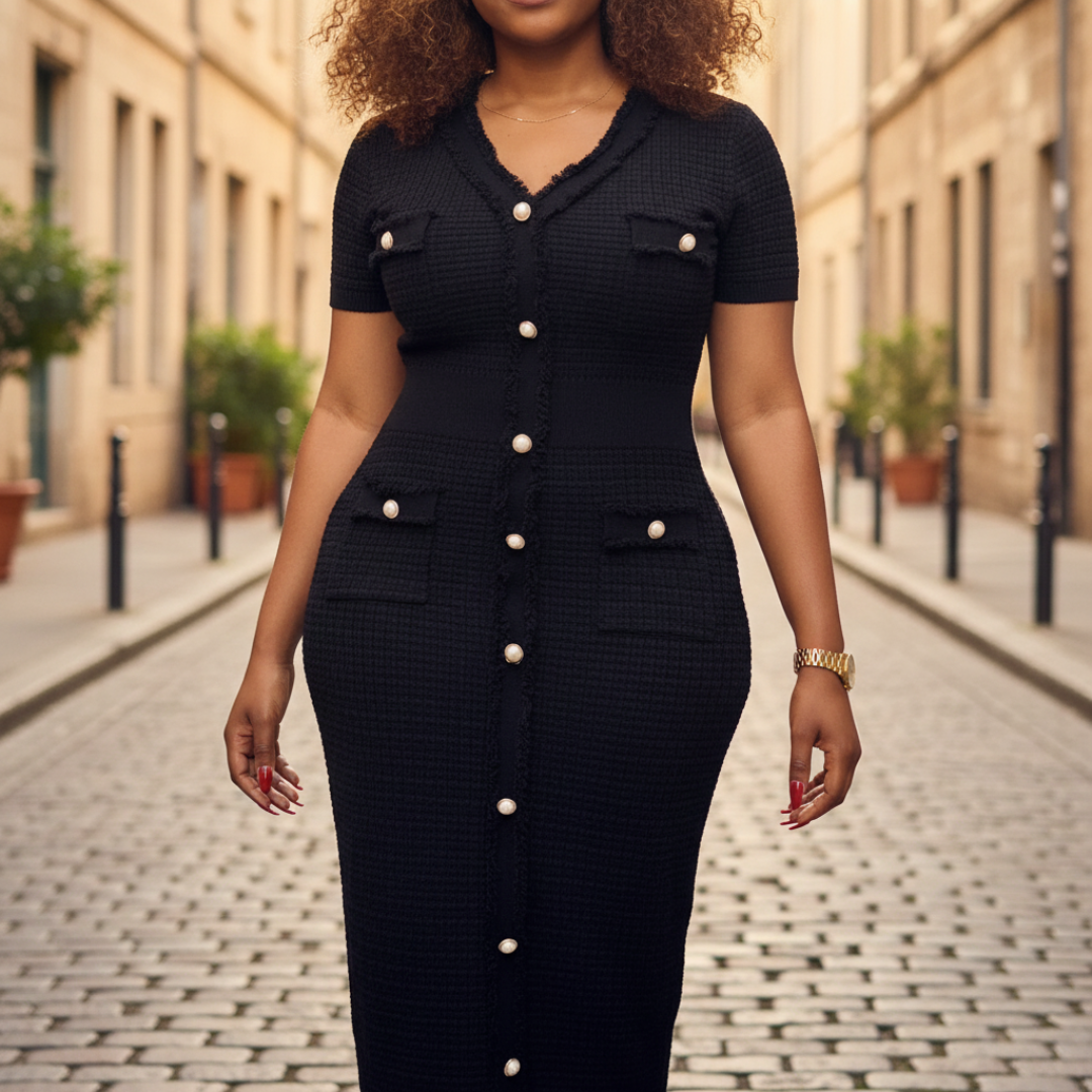 Brown Knit Midi Dress with Buttons and Fringes