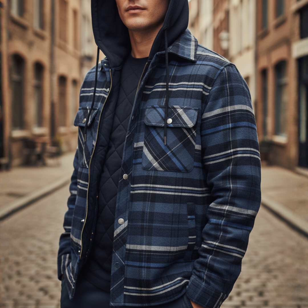 Men's Flannel Jacket with Hood and Zipper