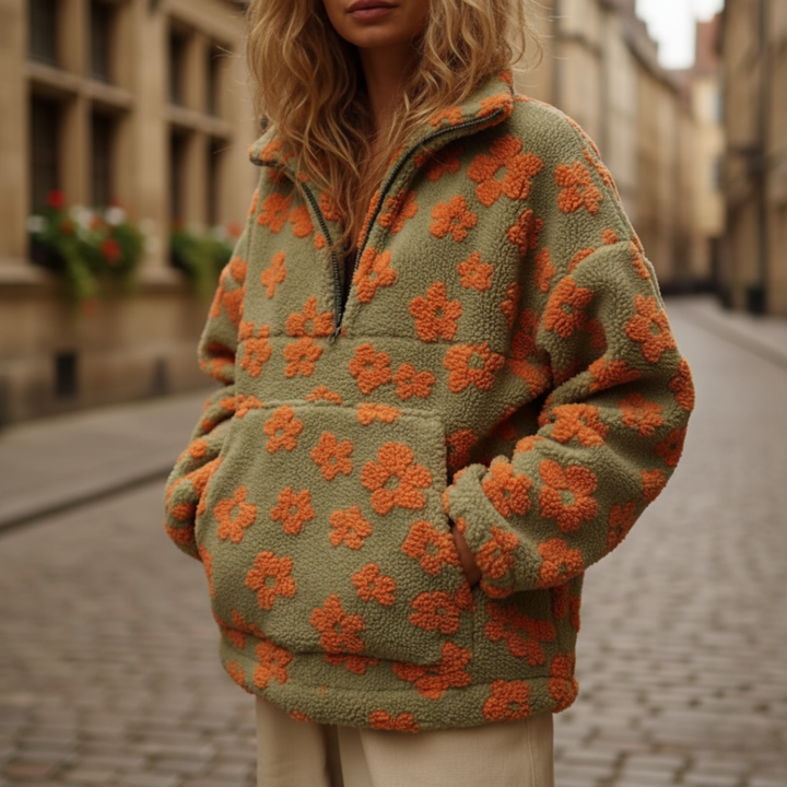 Women's Floral Fleece Jacket with Zip and High Collar