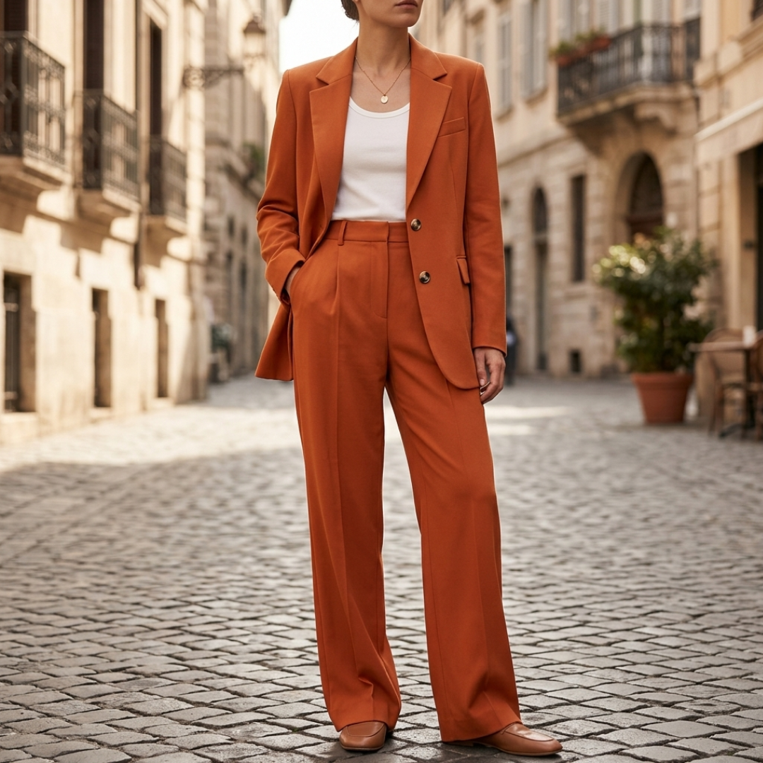 Women's Pinstripe Suit with Single-Breasted Blazer and High-Waisted Pants