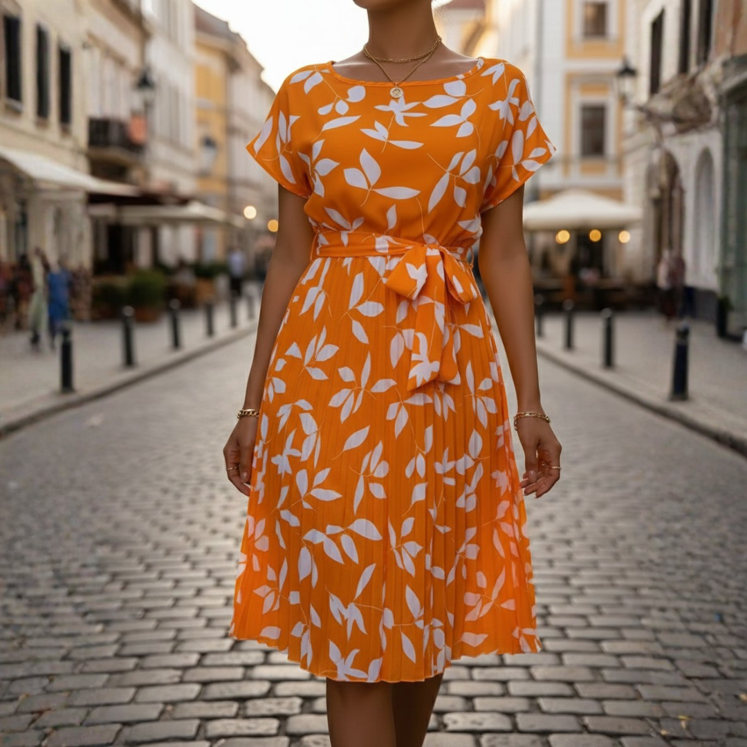 Long Women's Pleated Dress with Floral Print and Belt