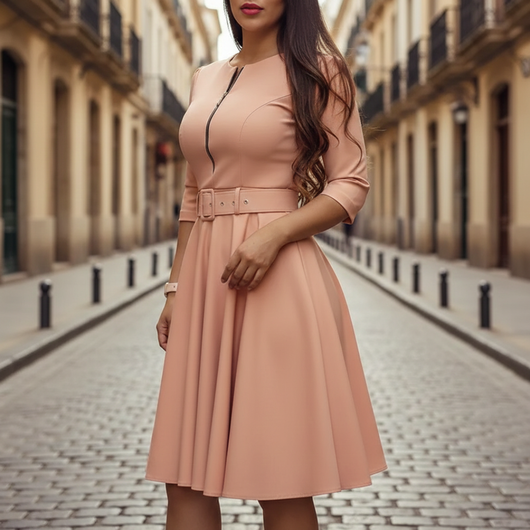 Women's Flared Dress with Front Zip and Belt