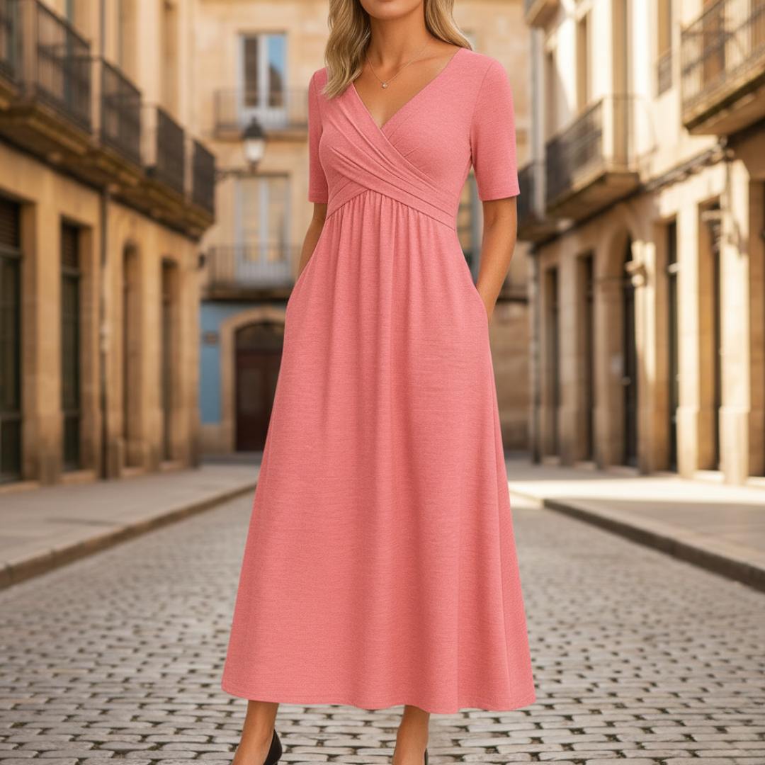 Women's Midi Dress with Pleats and V-Neck