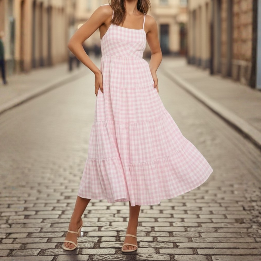 Women's Summer Midi Dress with Ruffled Skirt in Checkered Pattern
