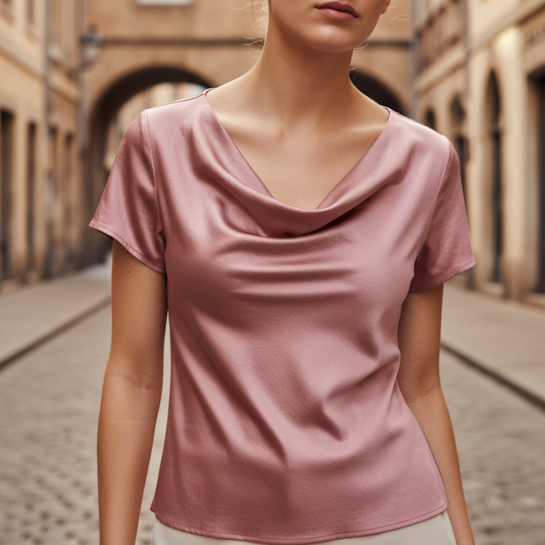 Women's Satin Blouse Short Sleeves Cowl Neck