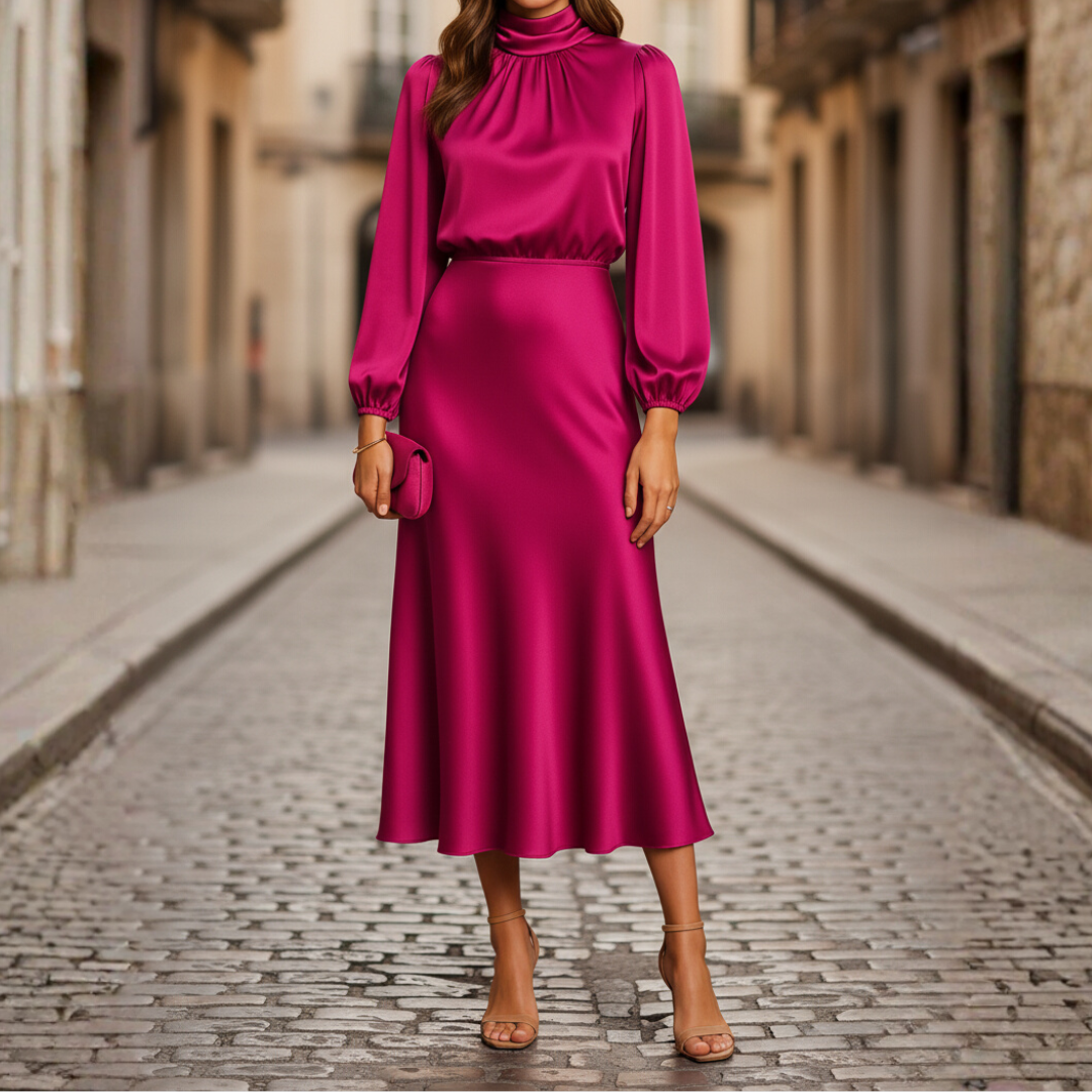 Women's Satin Midi Dress with High Collar