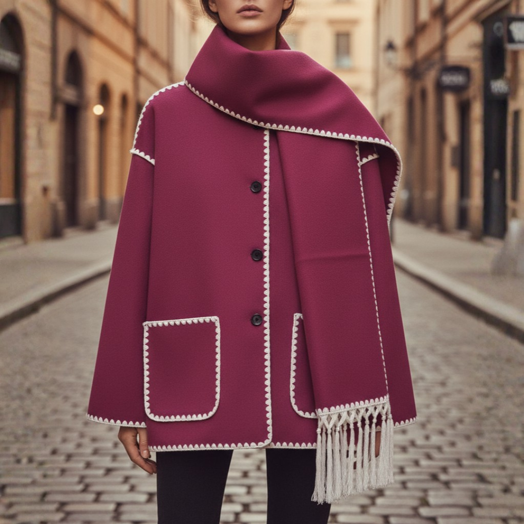 Women's Soft Blend Jacket with Embroidery and Scarf