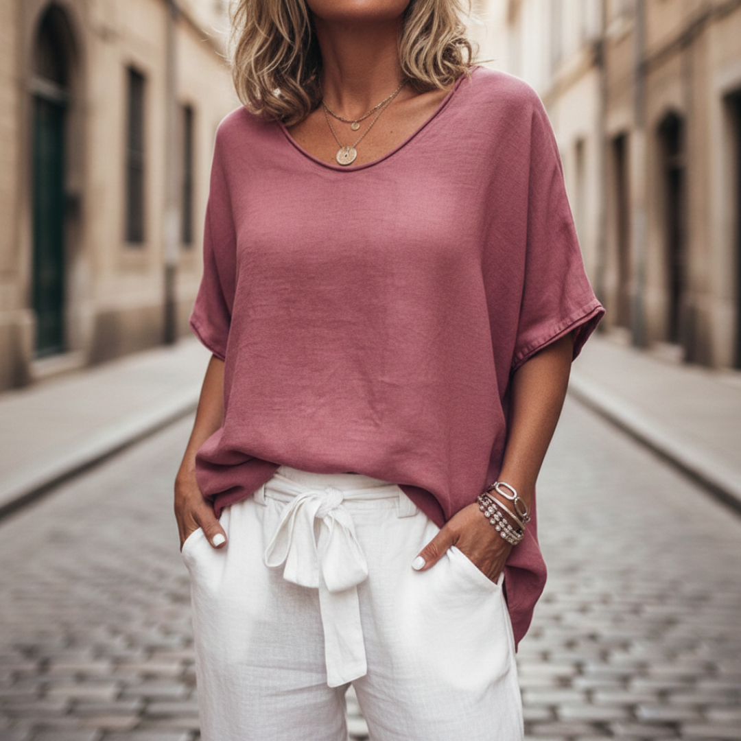 Short Sleeve Blouse with Round Neck Solid Color for Women