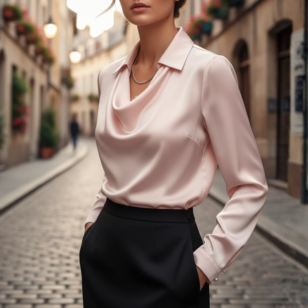 Camicia da donna in raso con collo a scialle e maniche lunghe