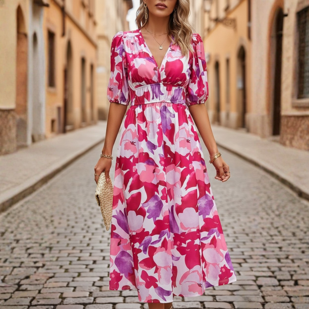 Women's Midi Dress with V-Neck and Geometric Print