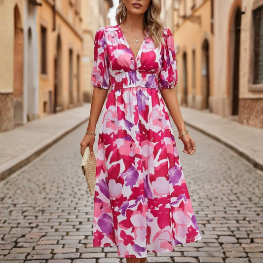 Women's Lightweight Geometric Print Midi Dress | Elegant V-Neck Casual Summer Dress 1