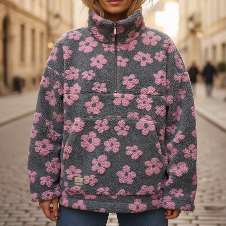 Women's Floral Fleece Jacket with Zip and High Collar