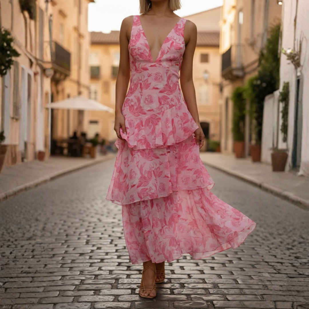 Long Women's Dress with V-Neck Ruffles Floral Print
