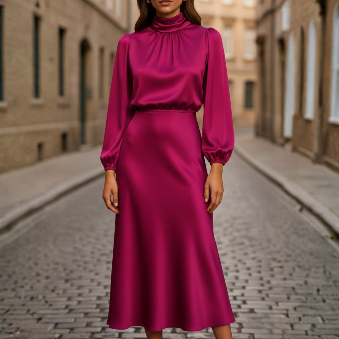 High-Waisted Midi Dress with Mock Neck and Lantern Sleeves for Women