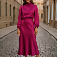 Women's Satin Midi Dress | Elegant Mock Neck Lantern Sleeve A-Line Dress