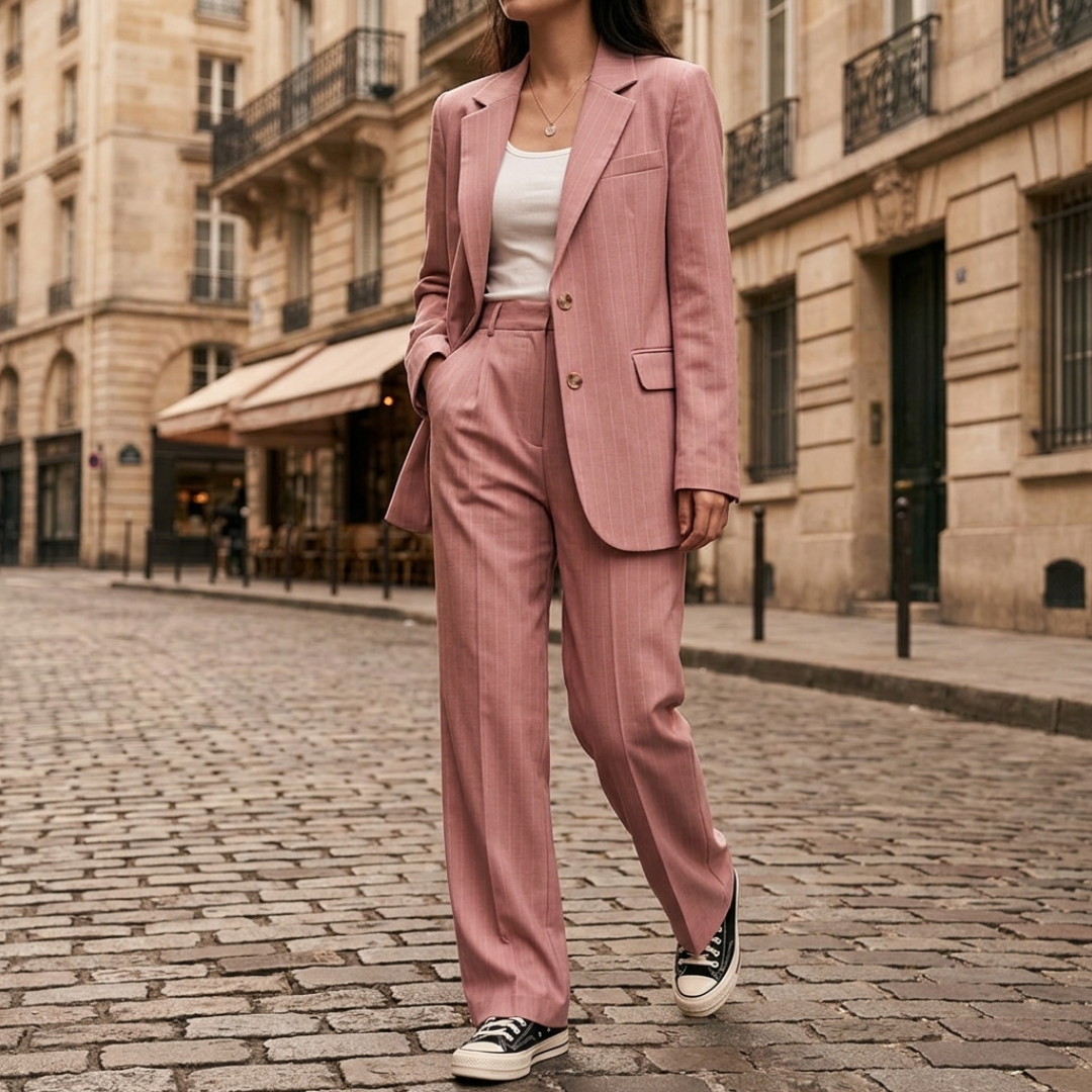 Women's Pinstripe Suit with Single-Breasted Blazer and High-Waisted Pants