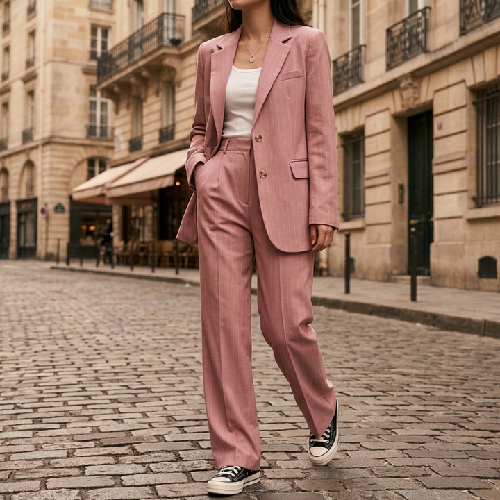 Completo a righe da donna con blazer monopetto e pantaloni a vita alta