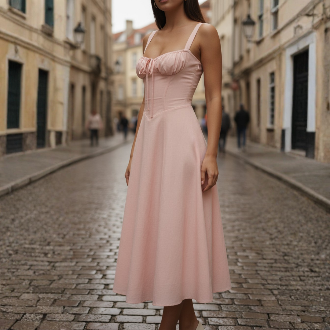Women's Midi Dress with Laced Bodice and Flared Skirt