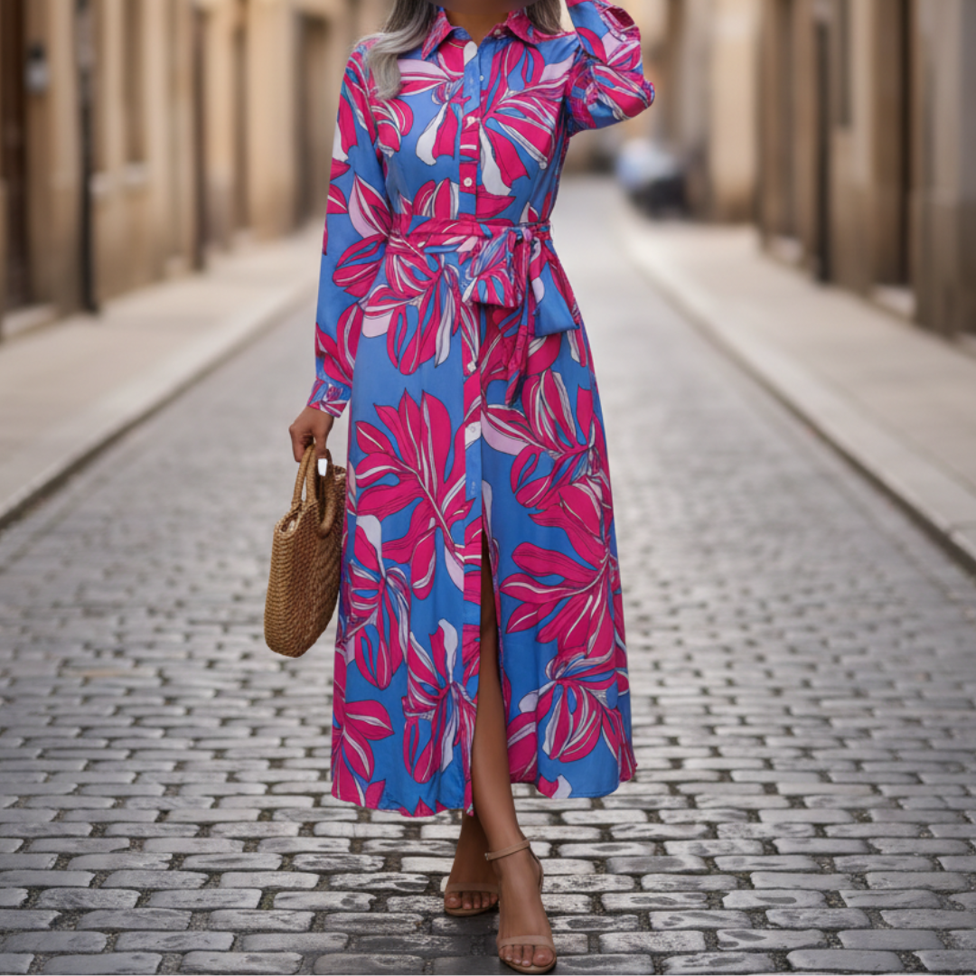 Maxi Shirt Dress for Women with Floral Print, Long Sleeves, and Buttons