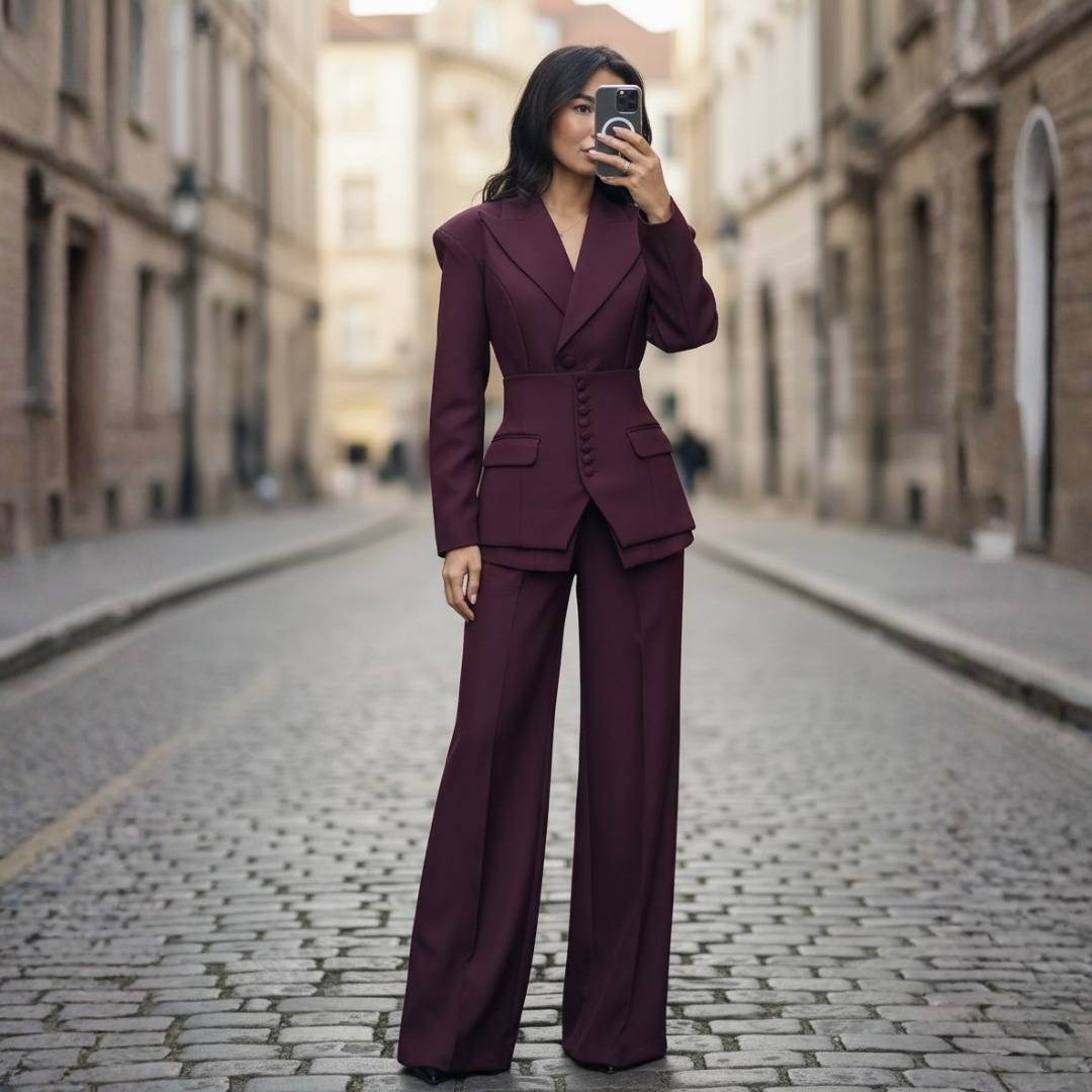 Women's Single-Breasted Blazer and High-Waisted Wide-Leg Pants Set
