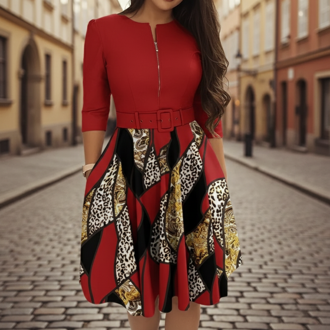 Women's Flared Dress with Front Zip and Belt