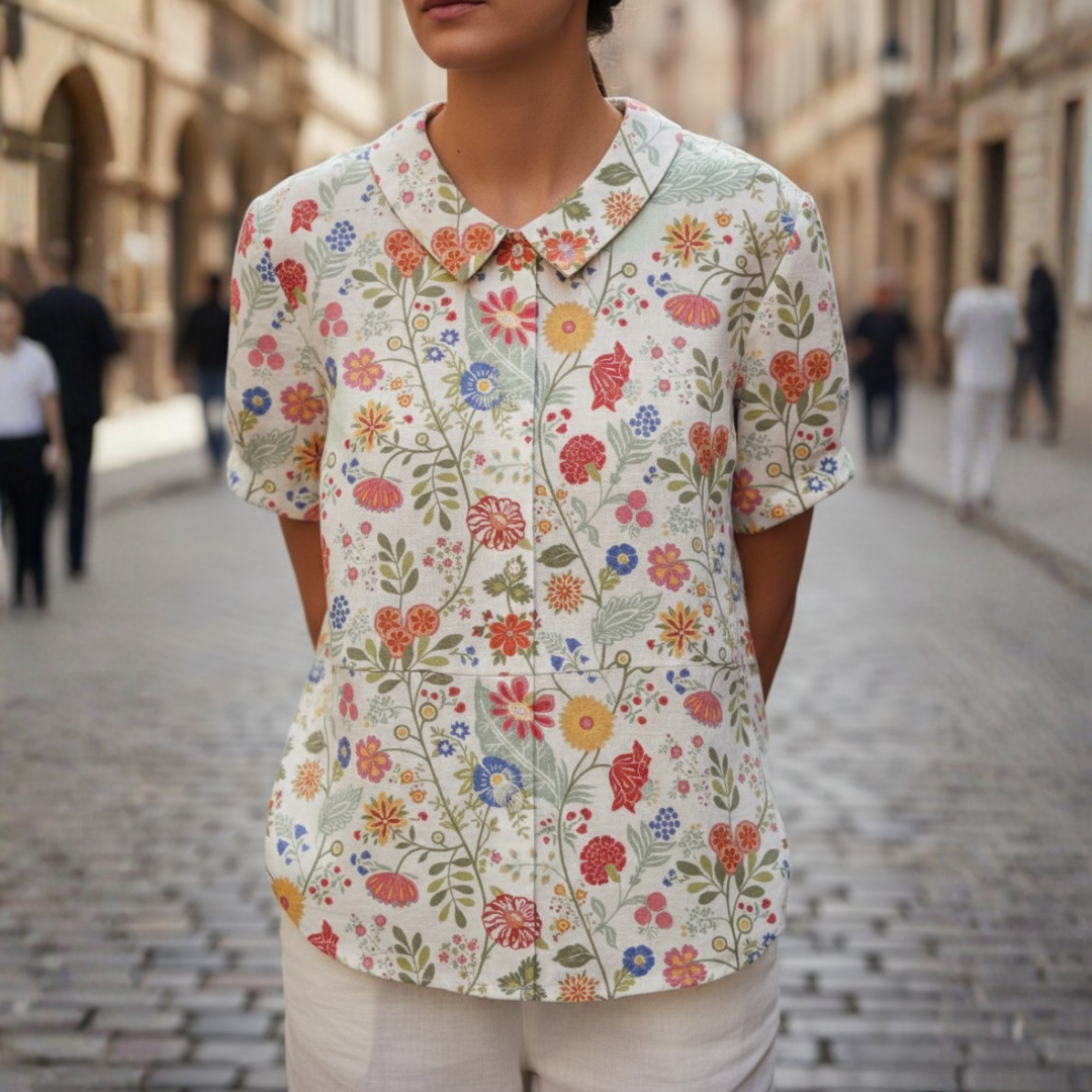 Embroidered Floral Short Sleeve Blouse with Peter Pan Collar for Women