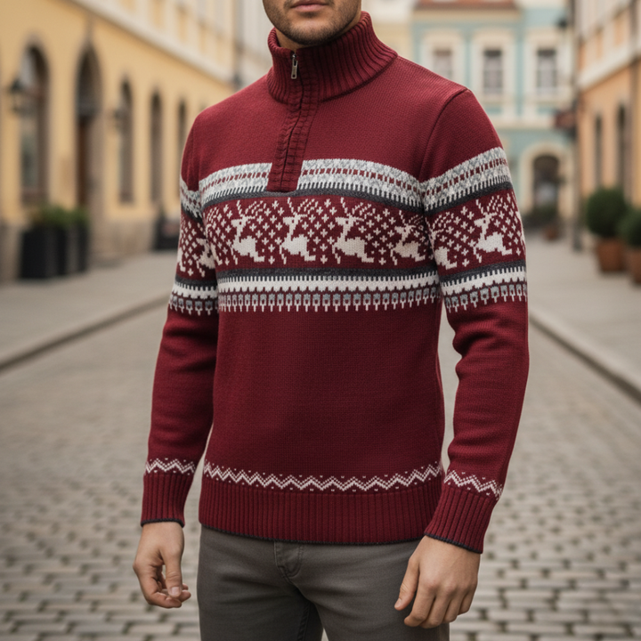 Men's Sweater with Zip and Christmas Pattern