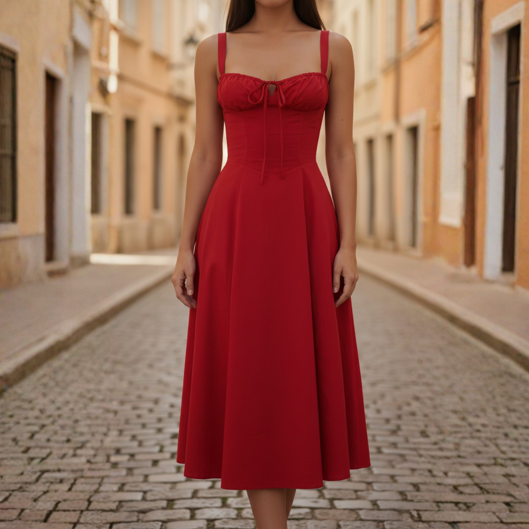 Women's Midi Dress with Laced Bodice and Flared Skirt