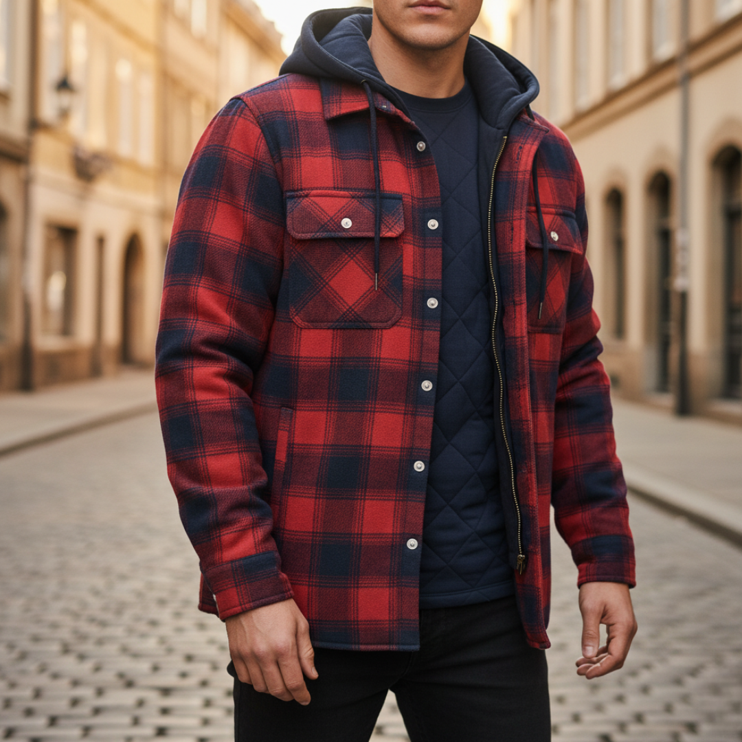 Men's Flannel Jacket with Hood and Zipper