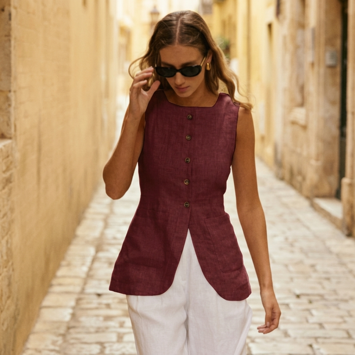 Women's Linen Sleeveless Gilet with Buttons