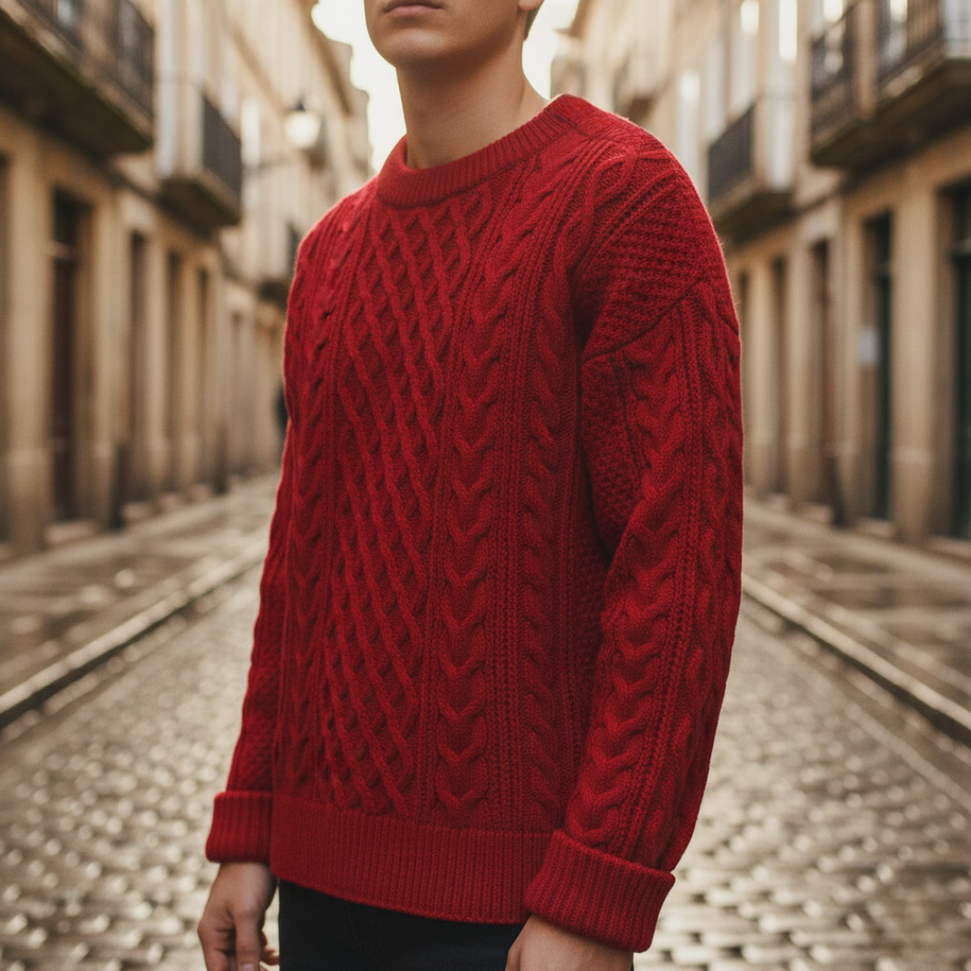 Men's Crew Neck Cable Knit Sweater in Soft Yarn