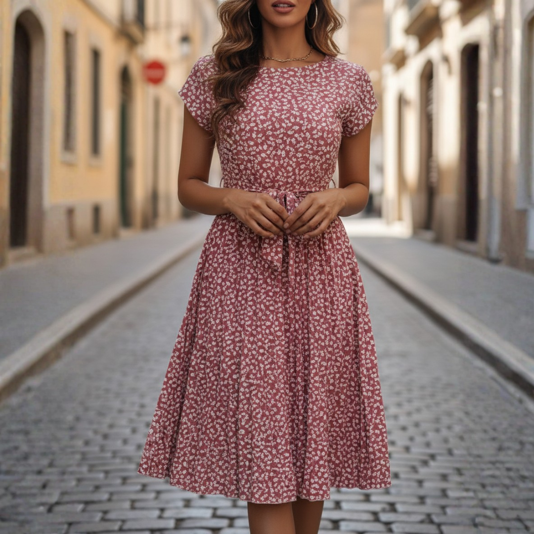 Long Women's Pleated Dress with Floral Print and Belt