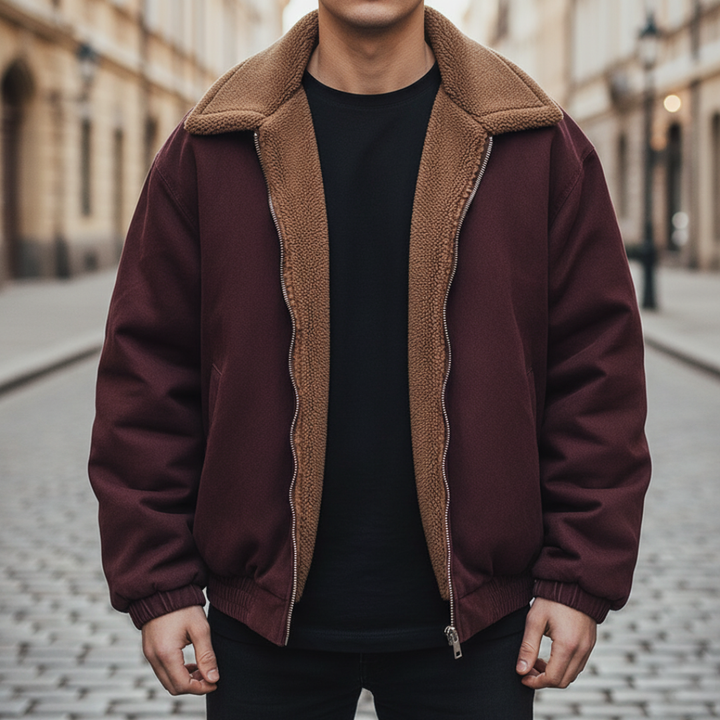 Men's Lined Bomber Jacket in Mixed Fabric with Full Zip