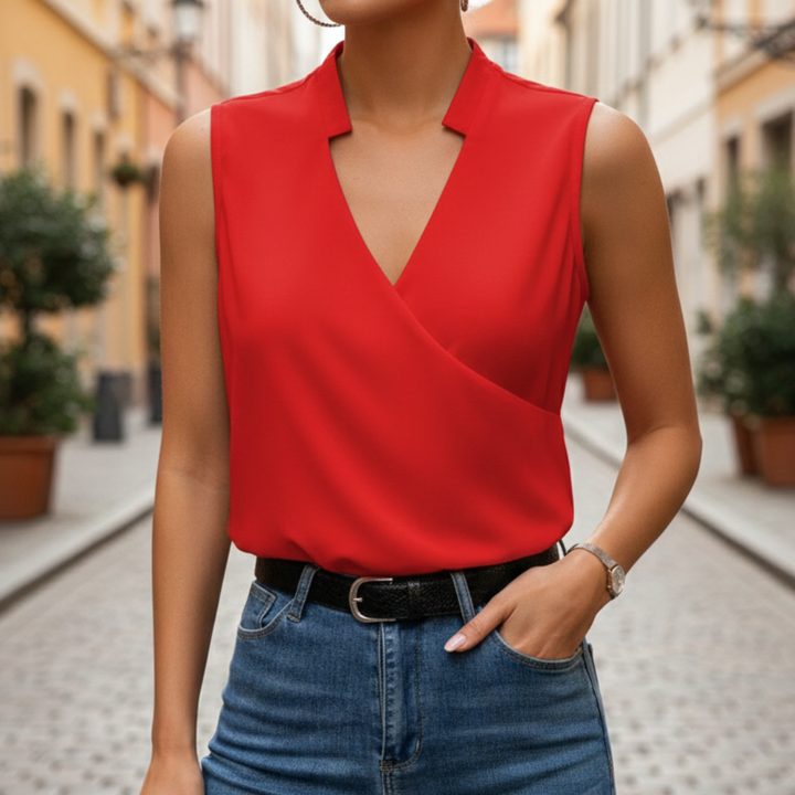 Blusa senza maniche da donna con scollo a V incrociato a tinta unita
