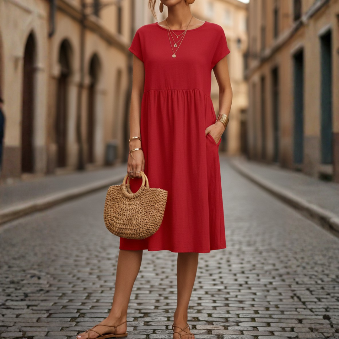 Beige Midi Ruffle Dress with Short Sleeves for Women