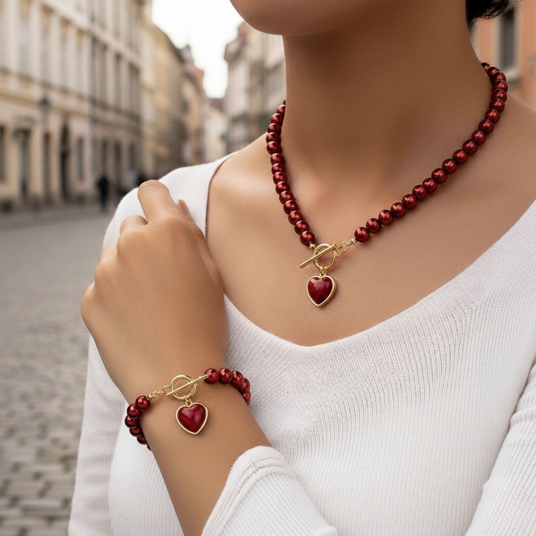 Women's Necklace and Bracelet Set with Artisan Pearls and Heart