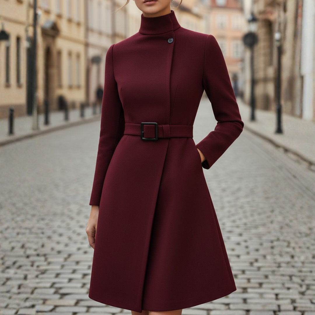 Women's Coat with High Collar and Belt