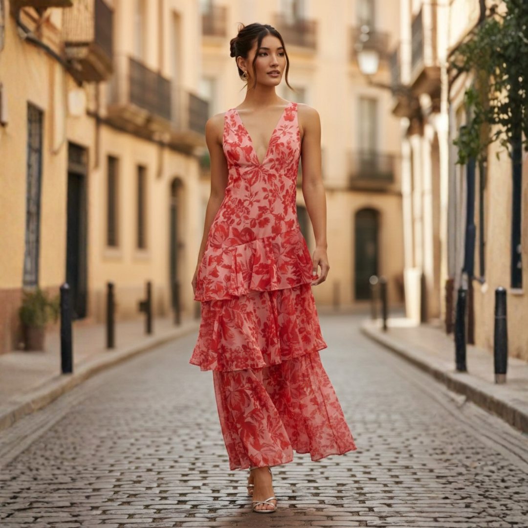 Long Women's Dress with V-Neck Ruffles Floral Print