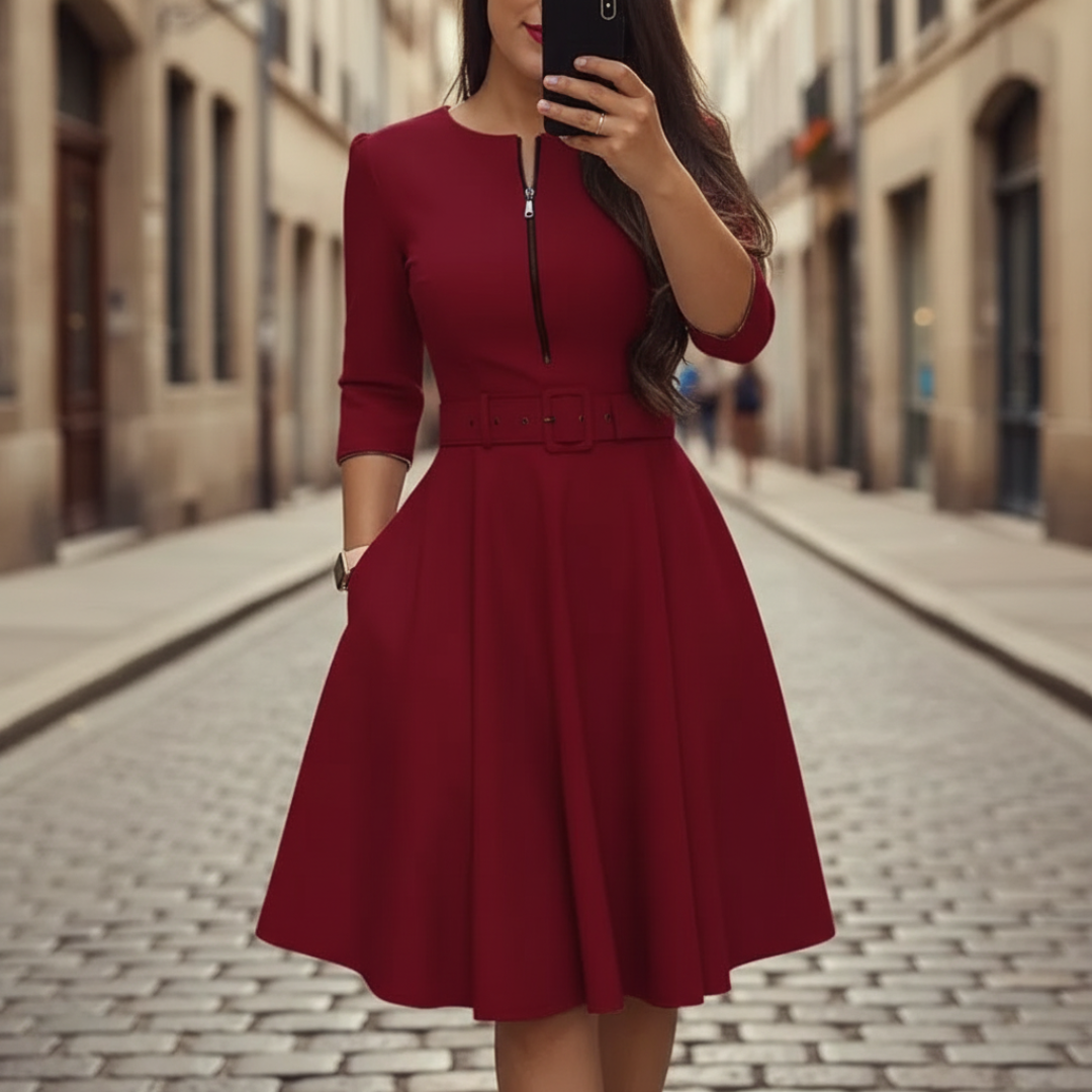 Women's Flared Dress with Front Zip and Belt