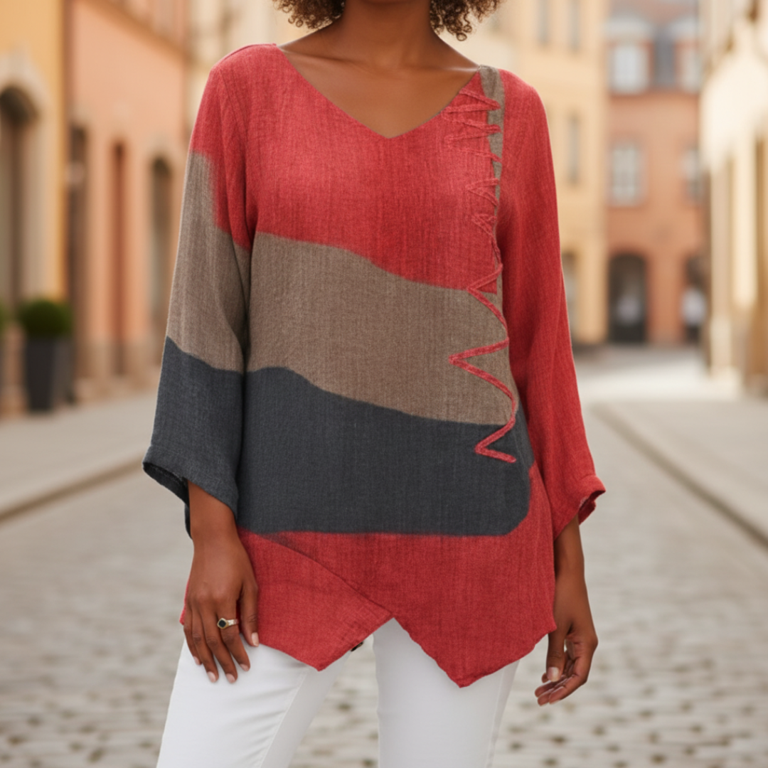 Women's Color Block Tunic with V-Neck and Long Sleeves, Loose Fit