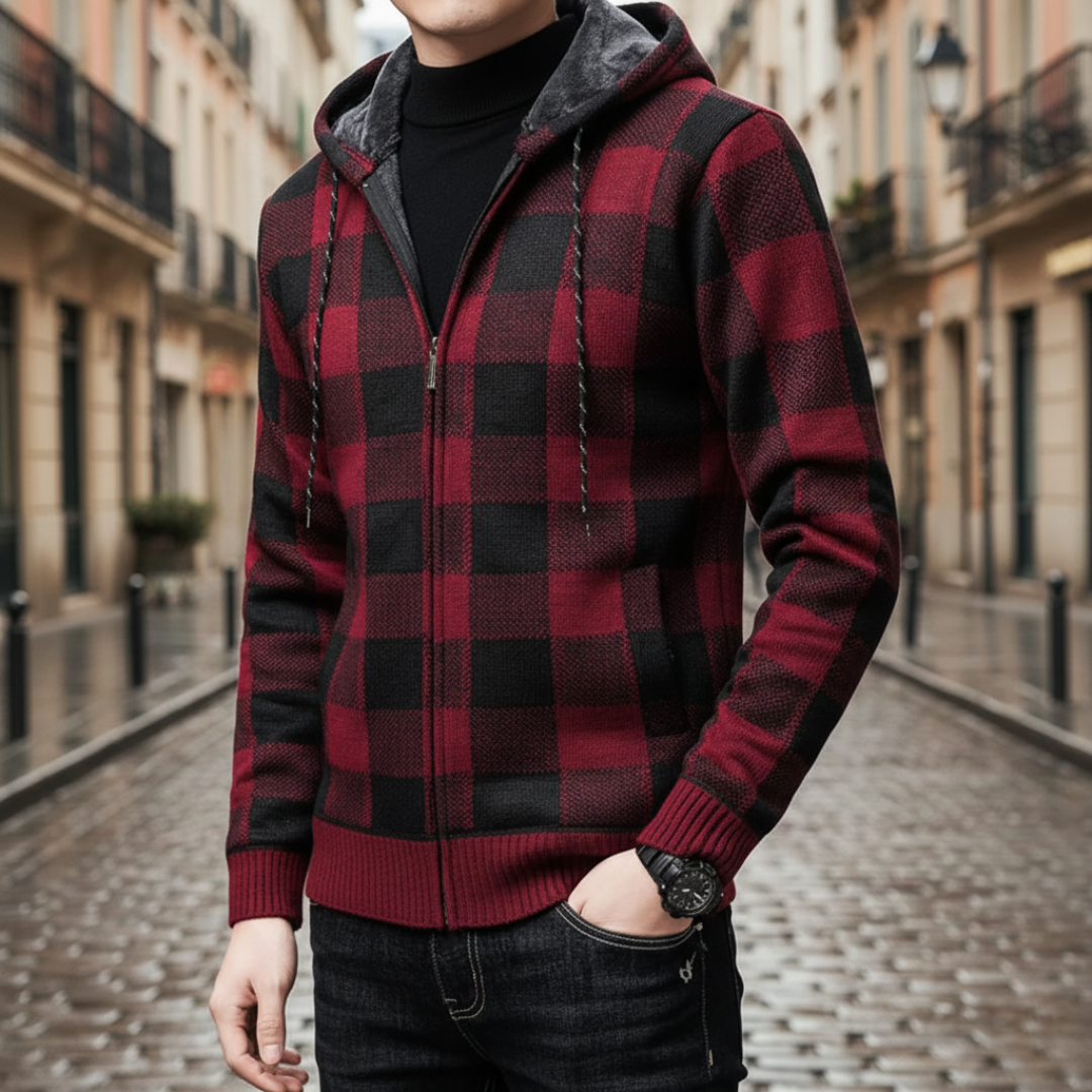 Men's Hooded Checkered Cardigan – Winter Jacket