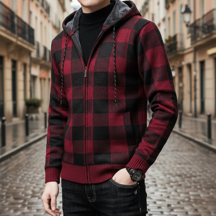 Men's Hooded Checkered Cardigan – Winter Jacket